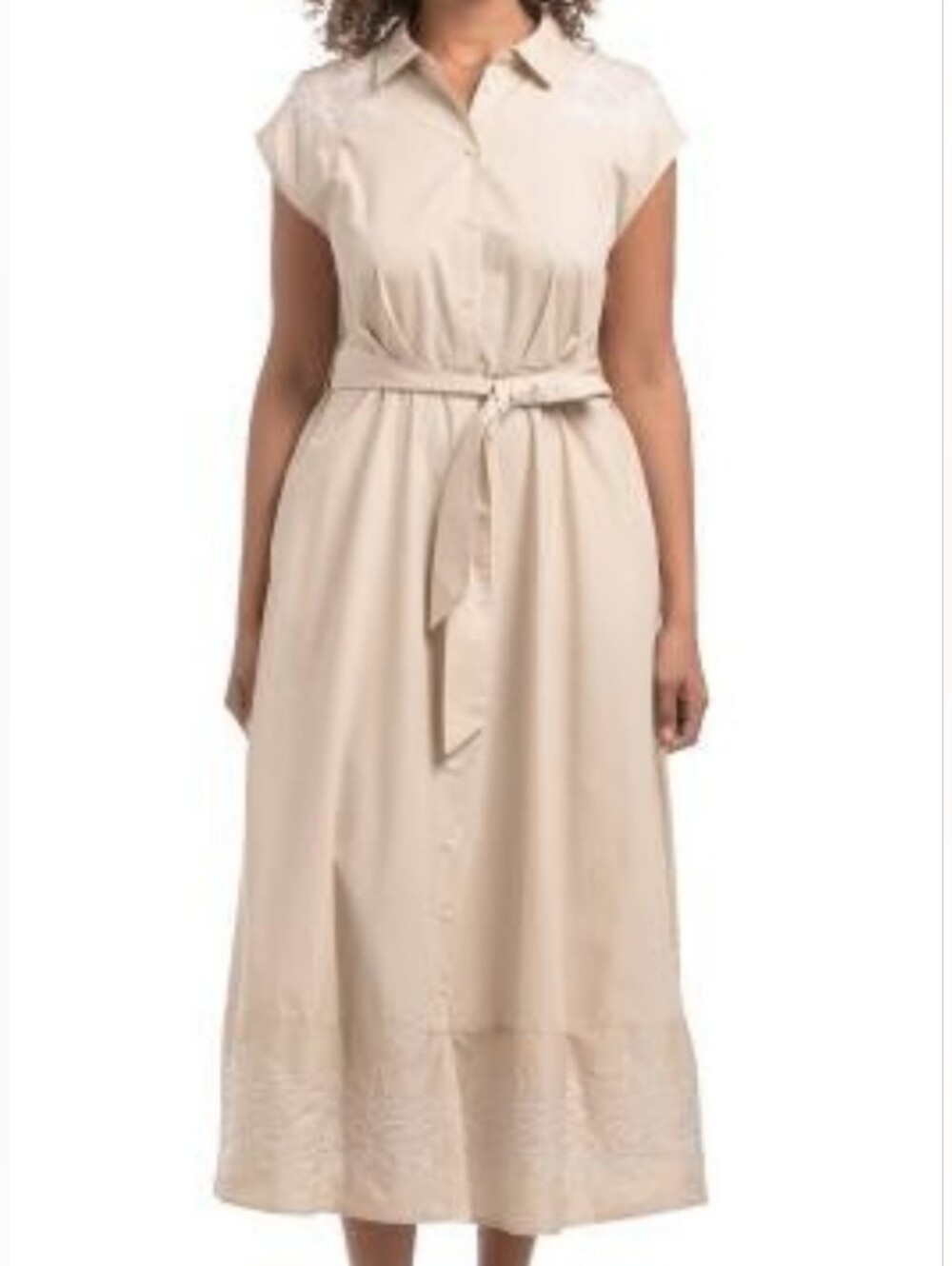 NWT-Ellen Tracy Embroidered Detail Cotton Poplin "Stone" Maxi Shirtdress-Size XL